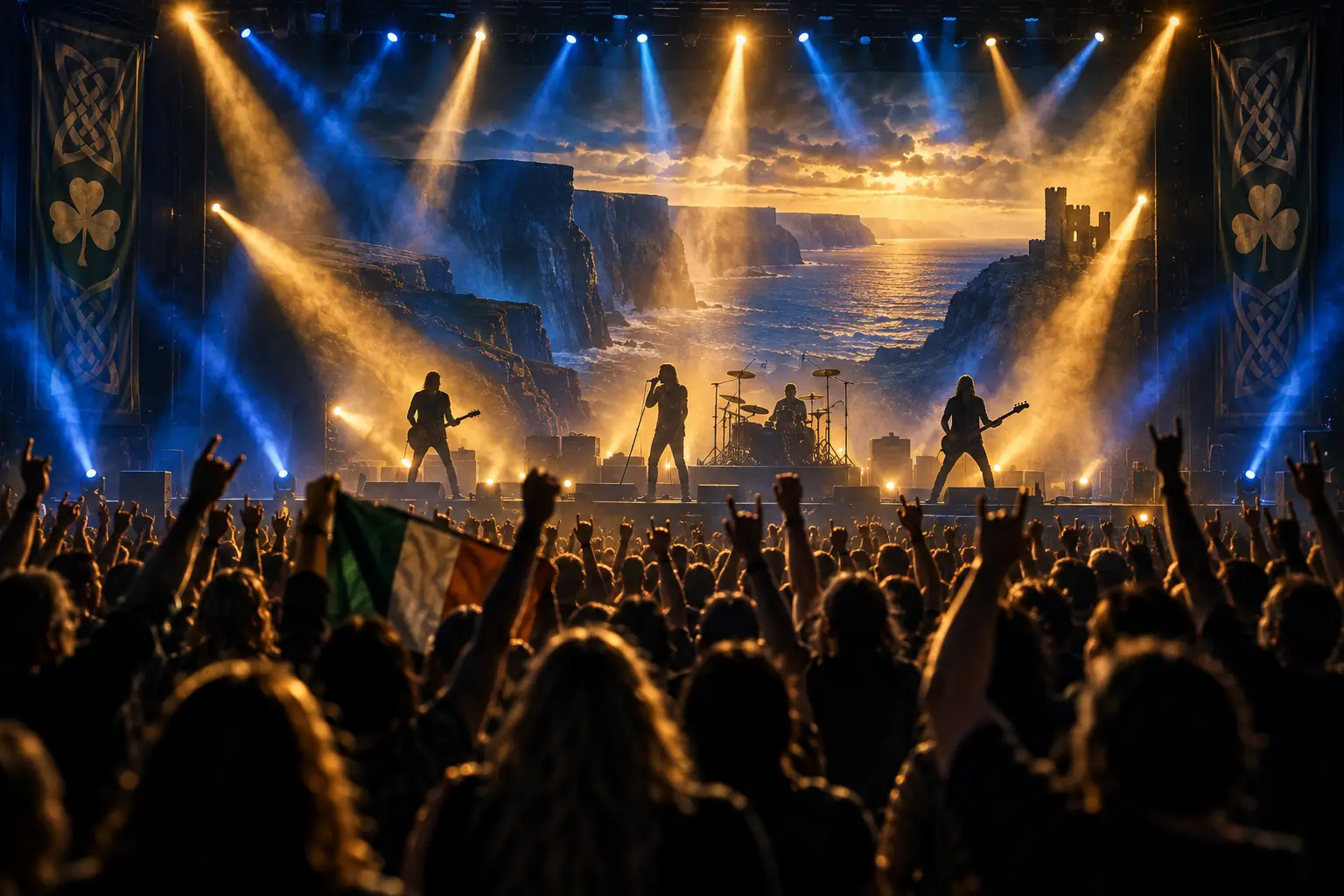 Illustration de l’univers rock associé à U2 : quatre musiciens sur scène et lumières de concert.